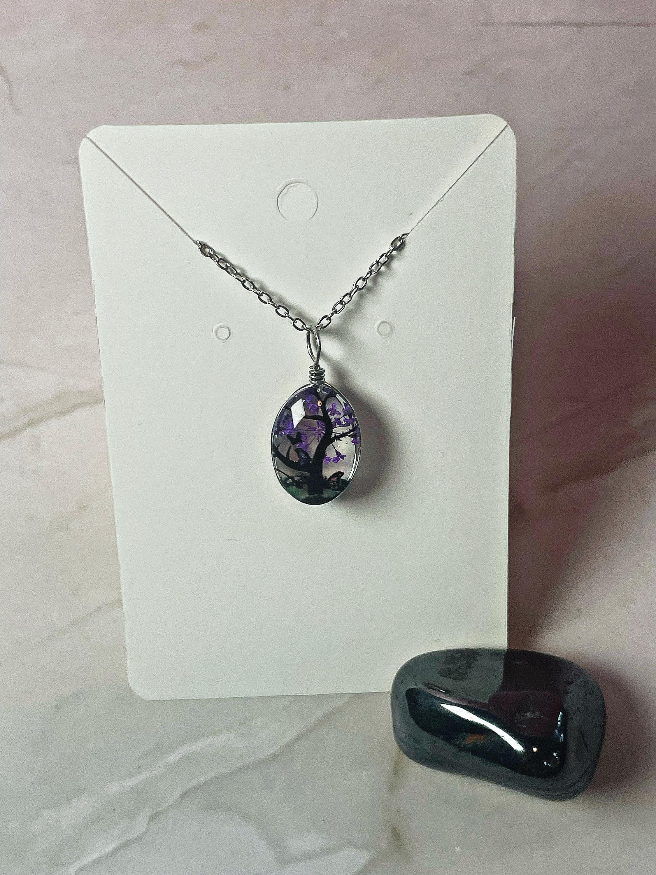 Blossom Tree Glass Pendant Necklace - Silver