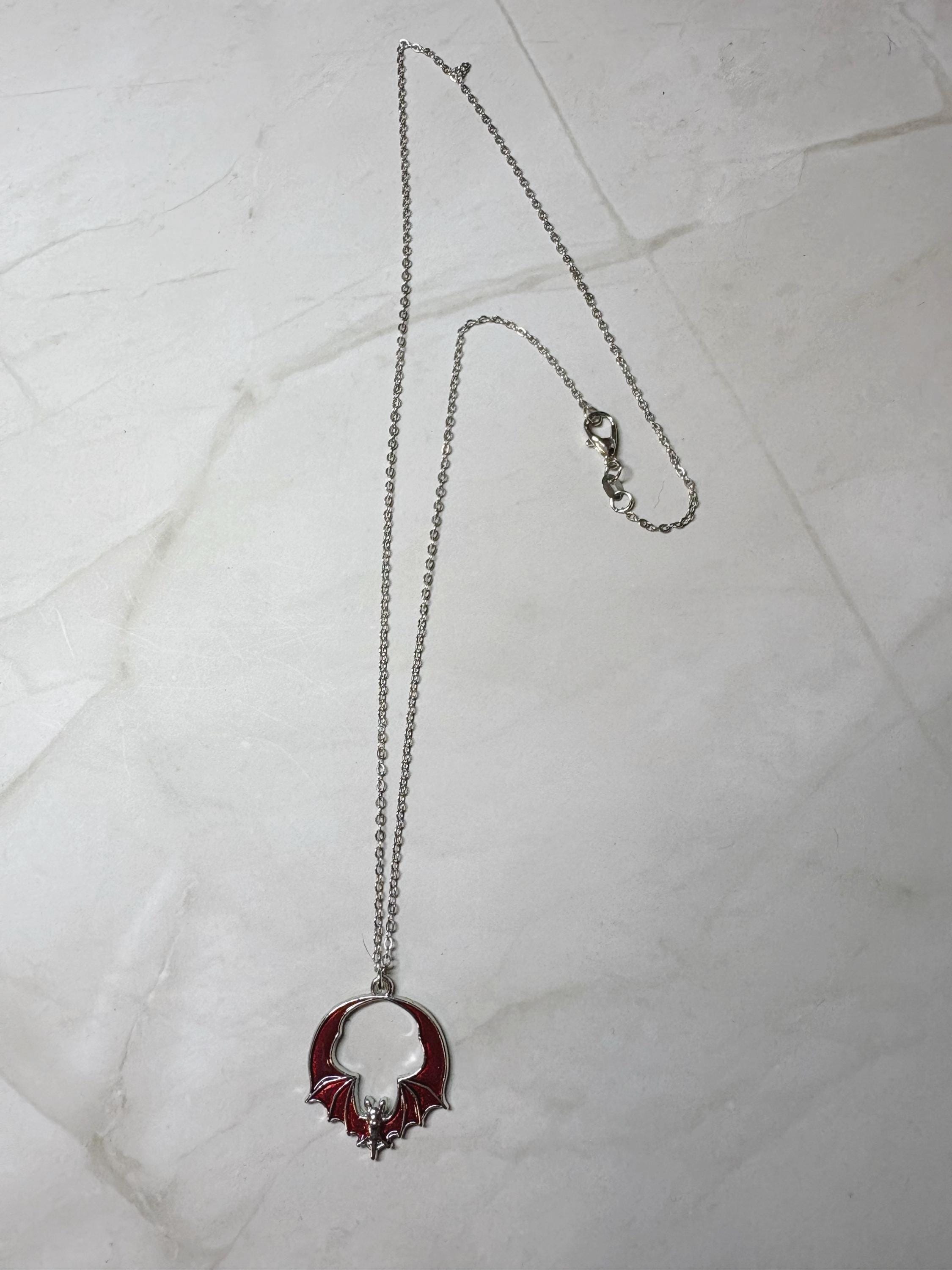 Metallic Vampire Goth Bat Necklace | Red