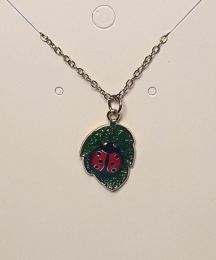 Gold Lady Bug & Leaf Pendant Necklace