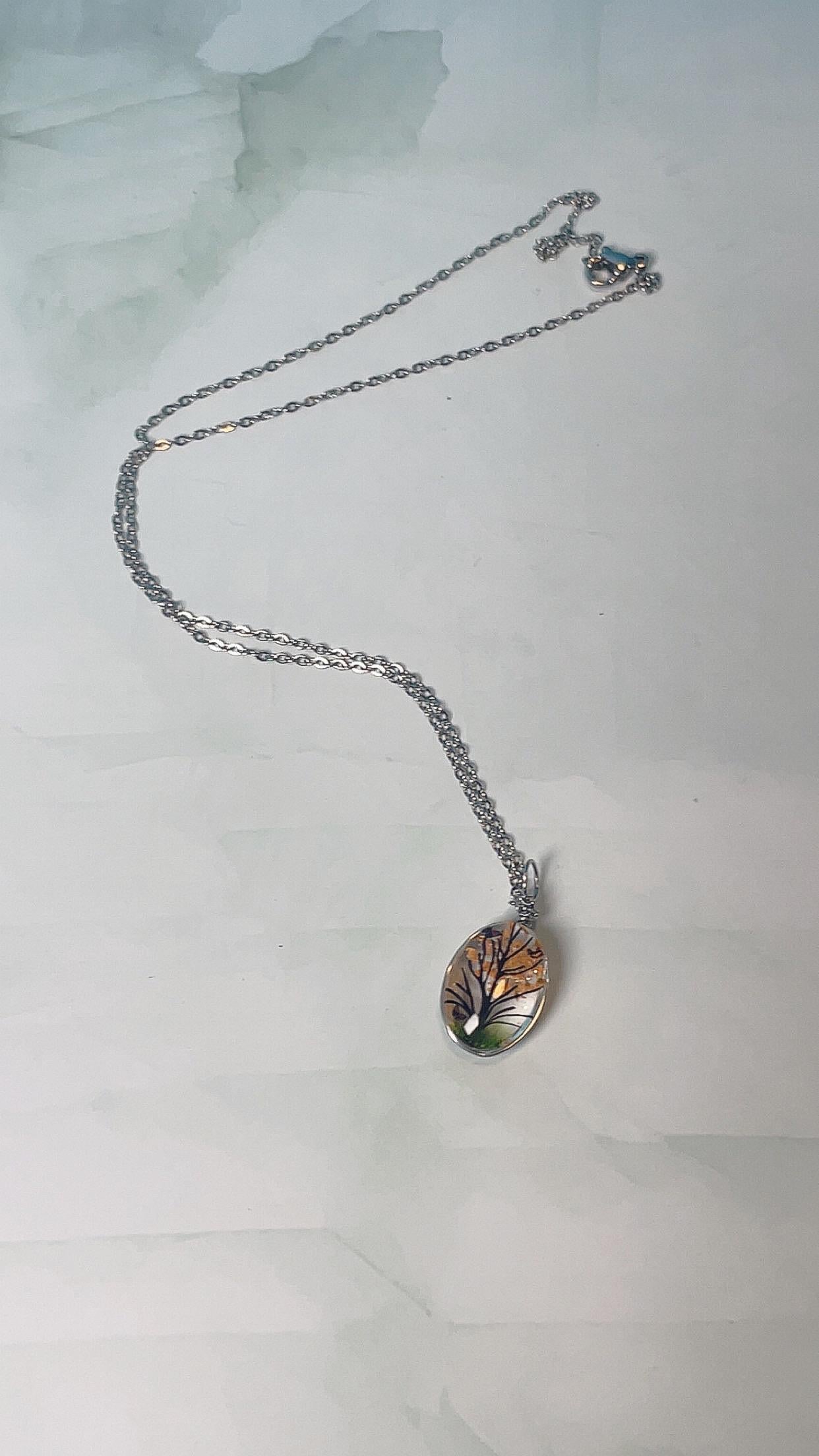 Orange Blossom Tree Glass Pendant Necklace - Silver
