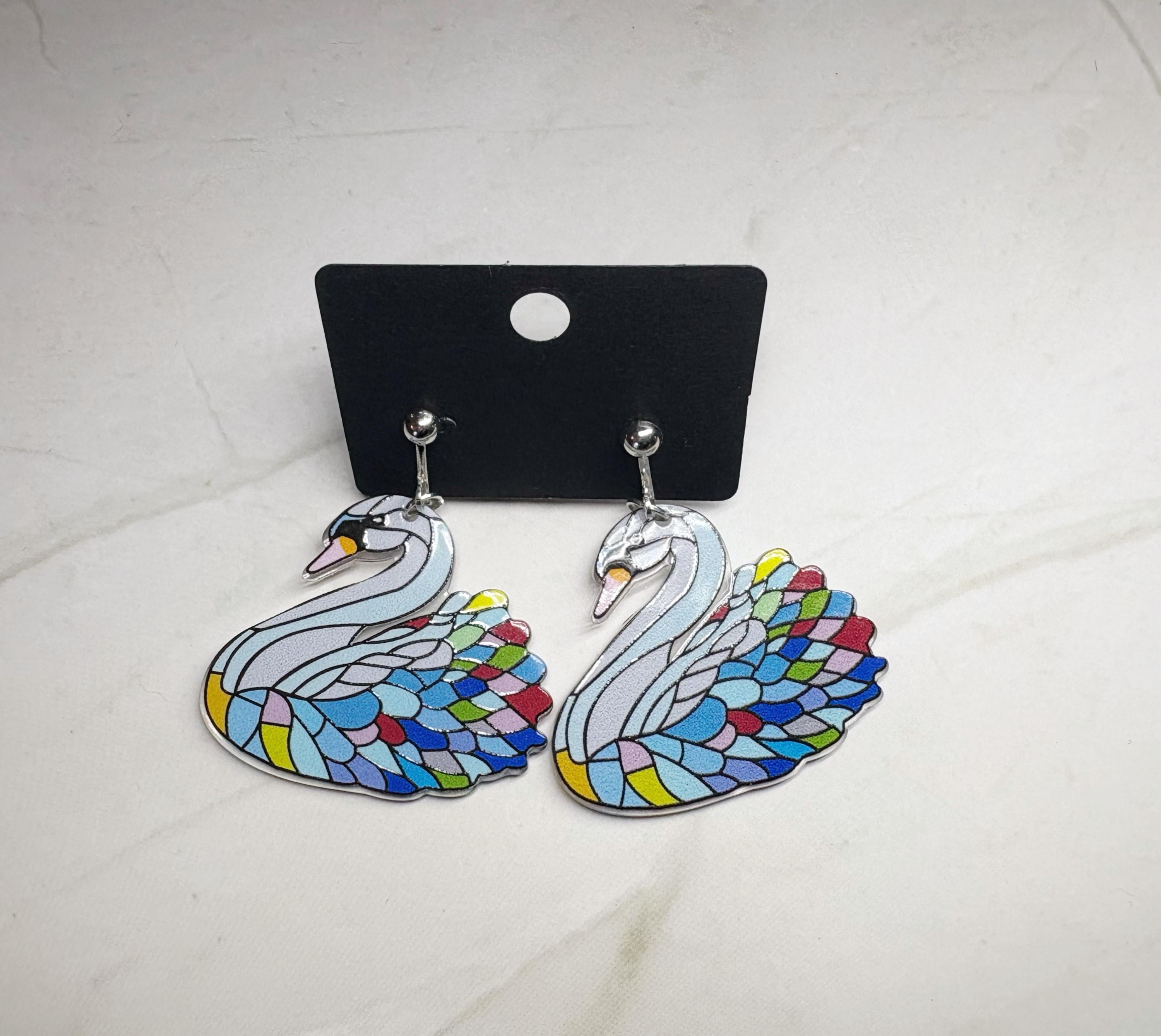 Clip On Faux Stained Glass Swan Earrings