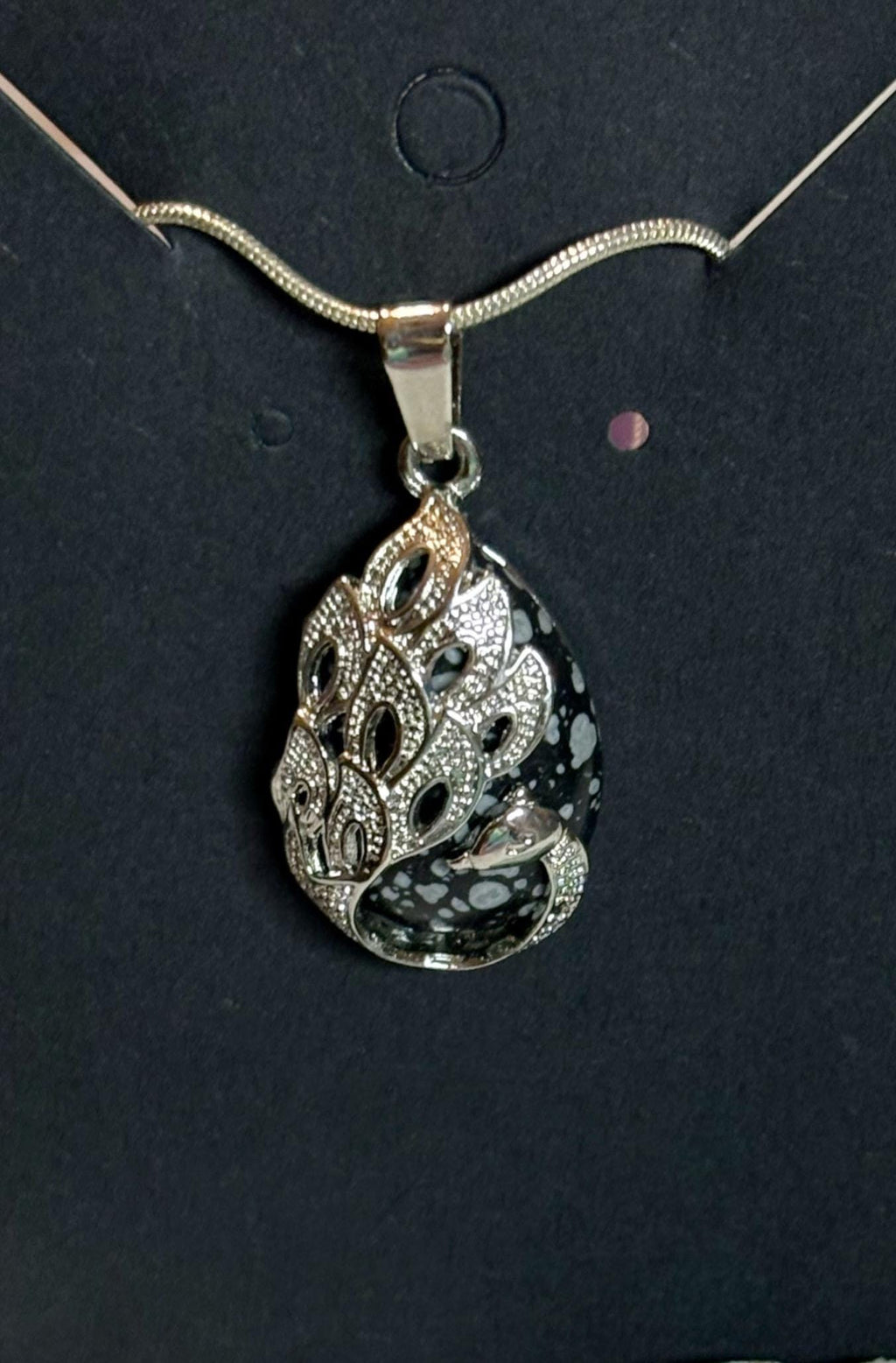 Snowflake Obsidian Peacock Pendant Necklace