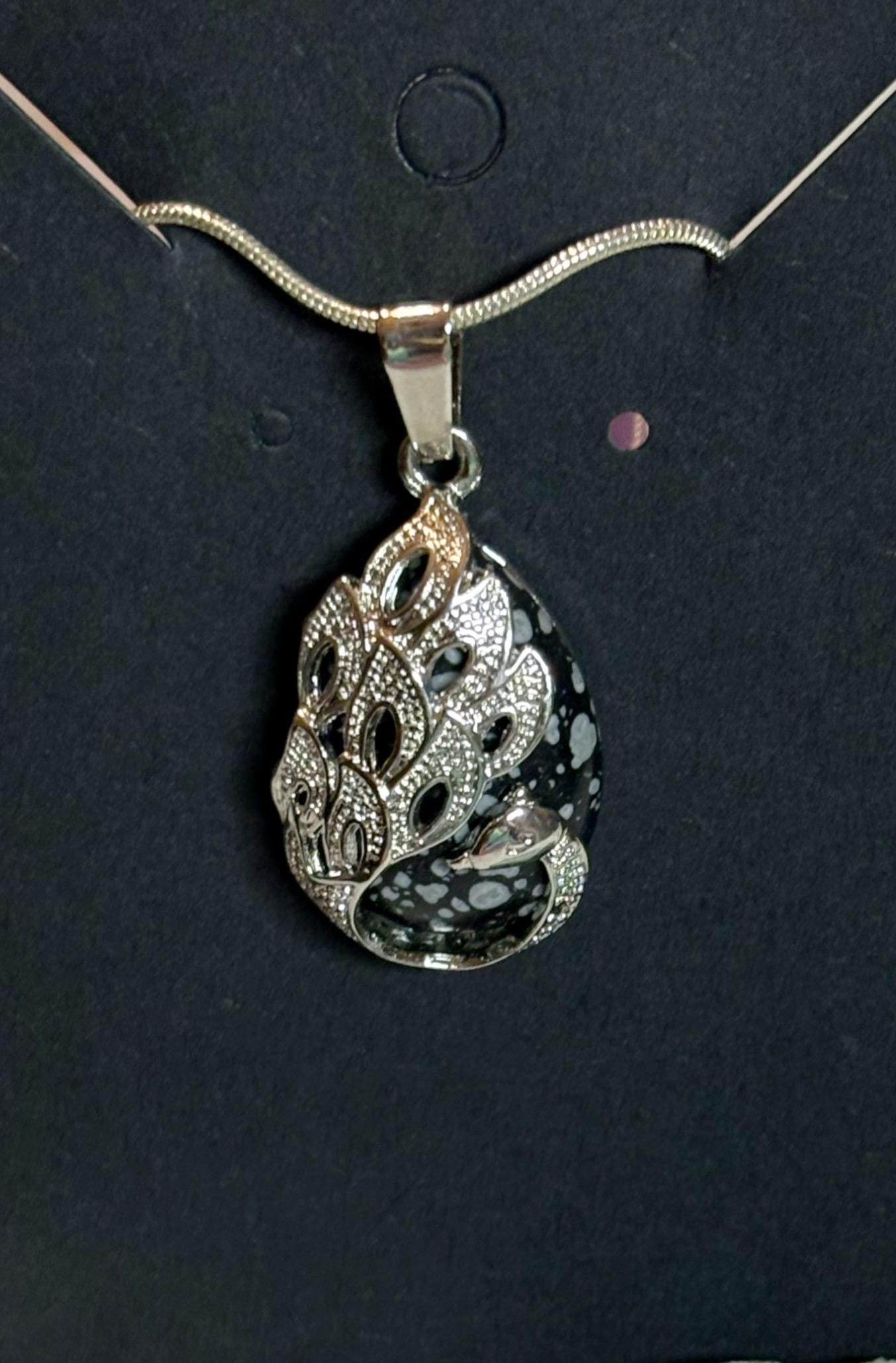 Snowflake Obsidian Peacock Pendant Necklace
