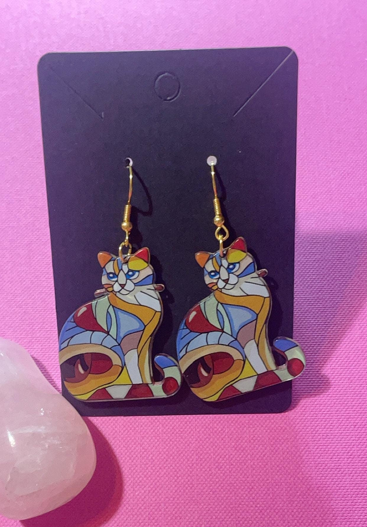 Faux Stained Glass Cat Earrings