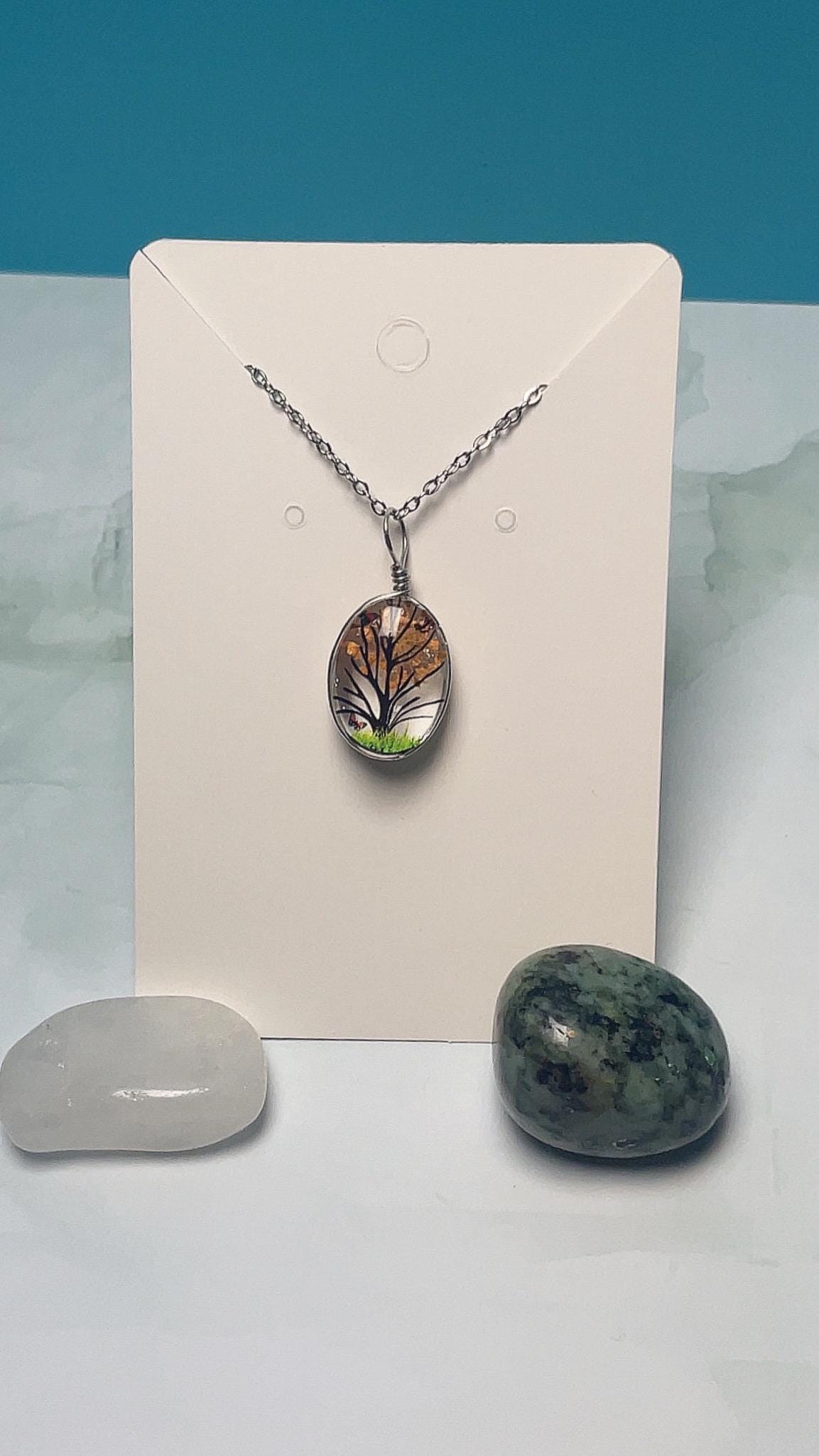 Orange Blossom Tree Glass Pendant Necklace - Silver