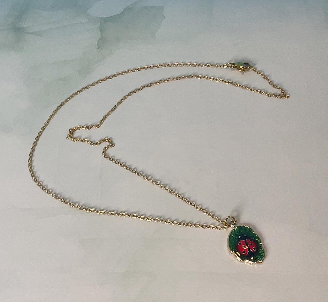 Gold Lady Bug & Leaf Pendant Necklace