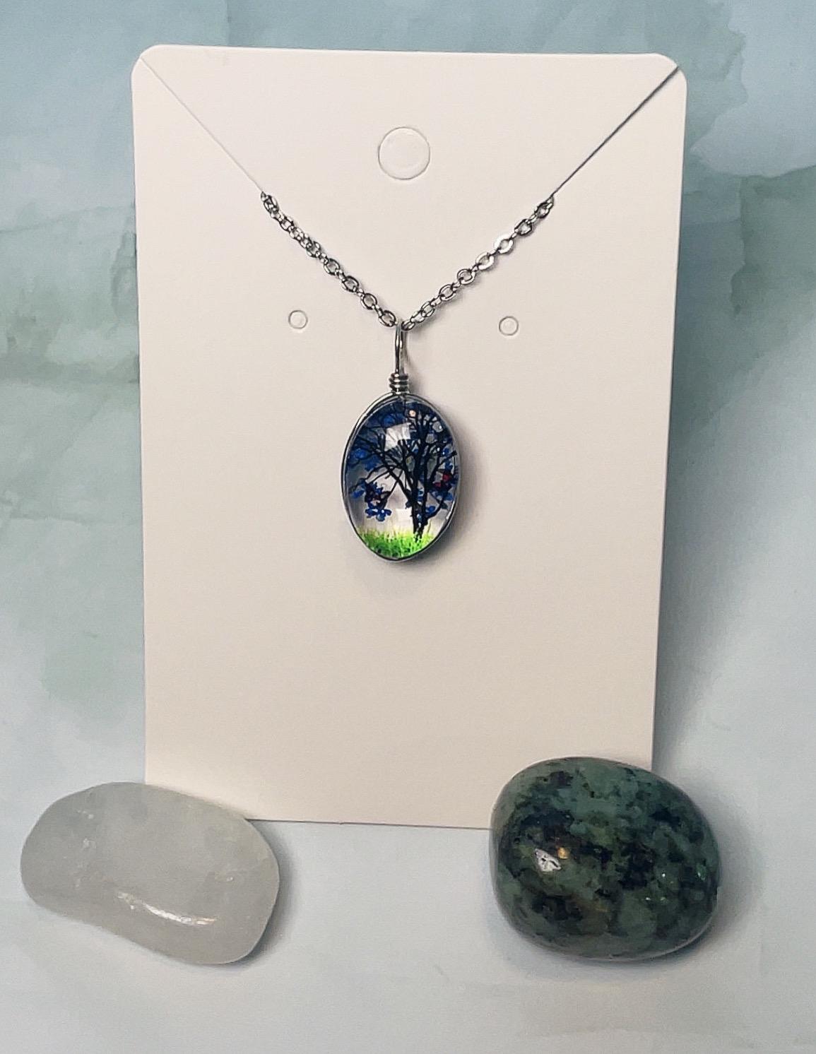 Blue Blossom Tree Glass Pendant Necklace - Silver
