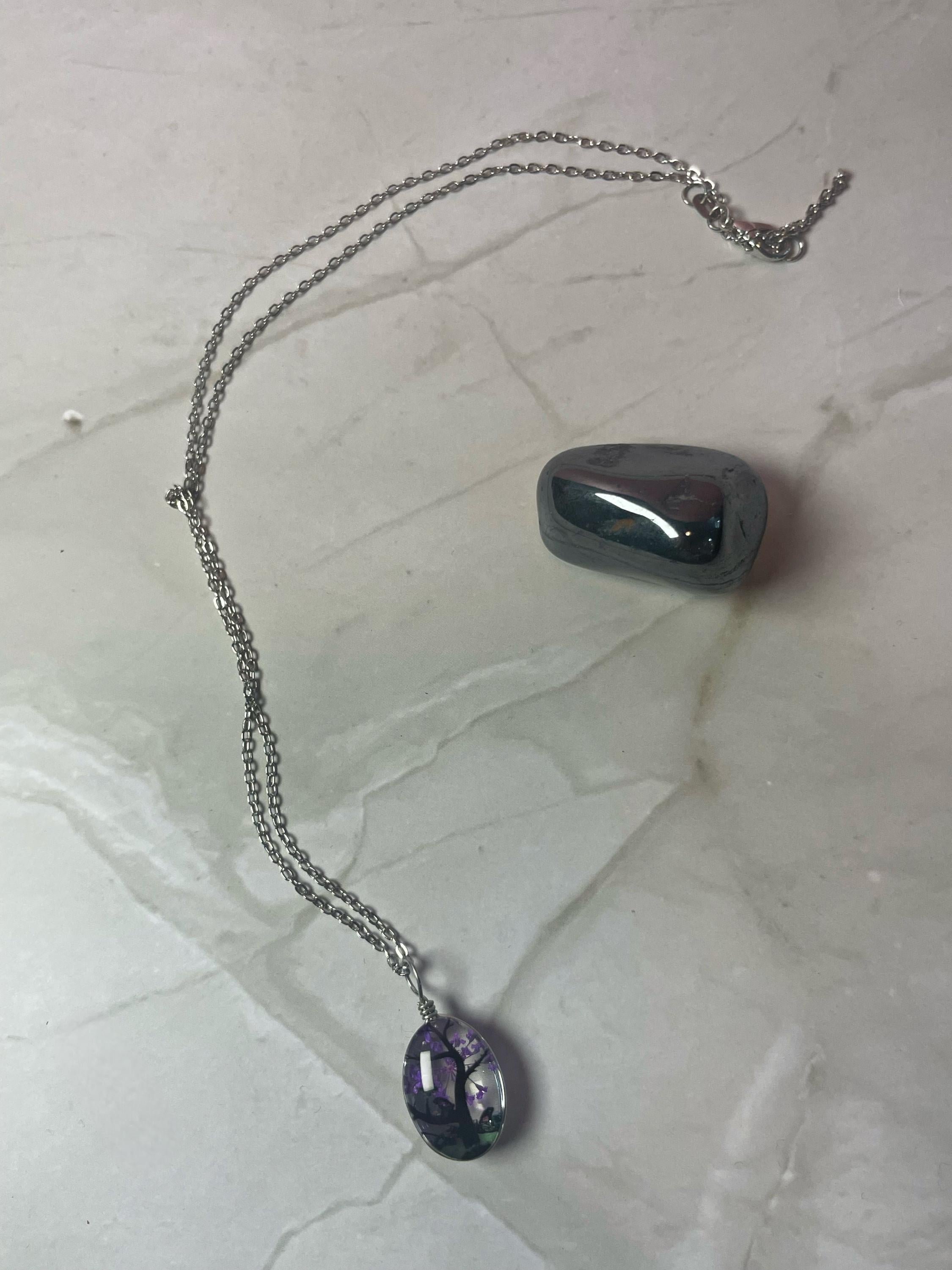 Blossom Tree Glass Pendant Necklace - Silver