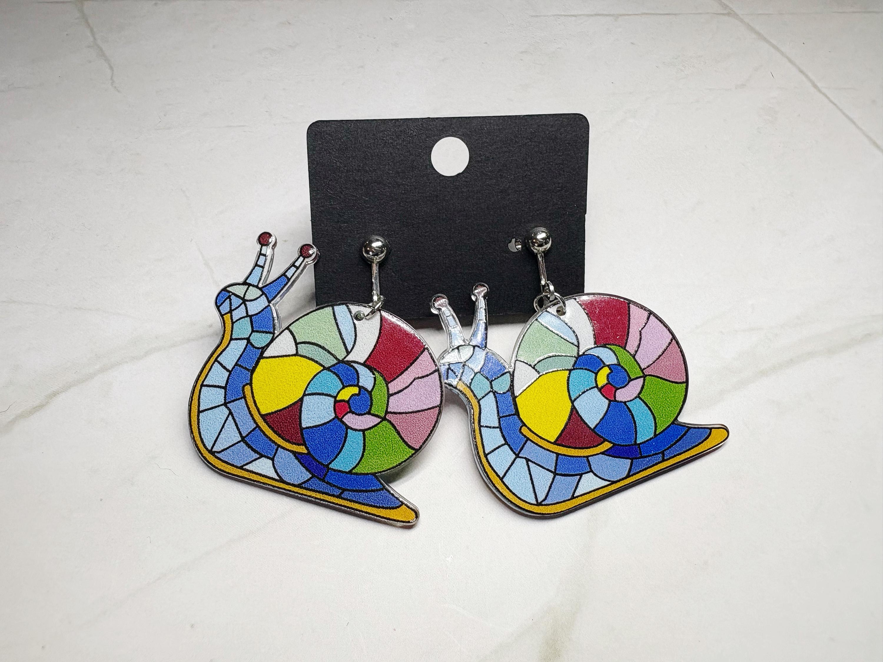 Clip On Faux Stained Glass Snail Earrings