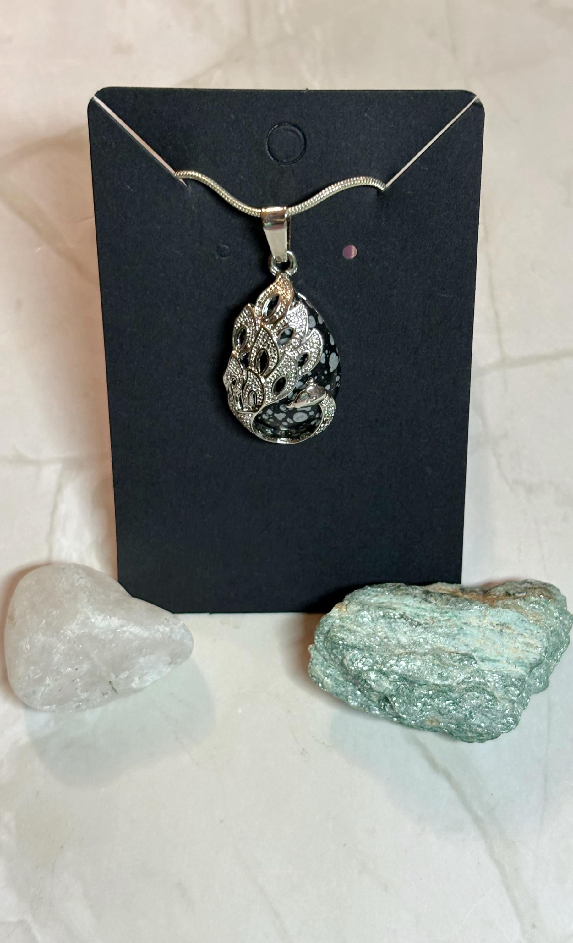 Snowflake Obsidian Peacock Pendant Necklace
