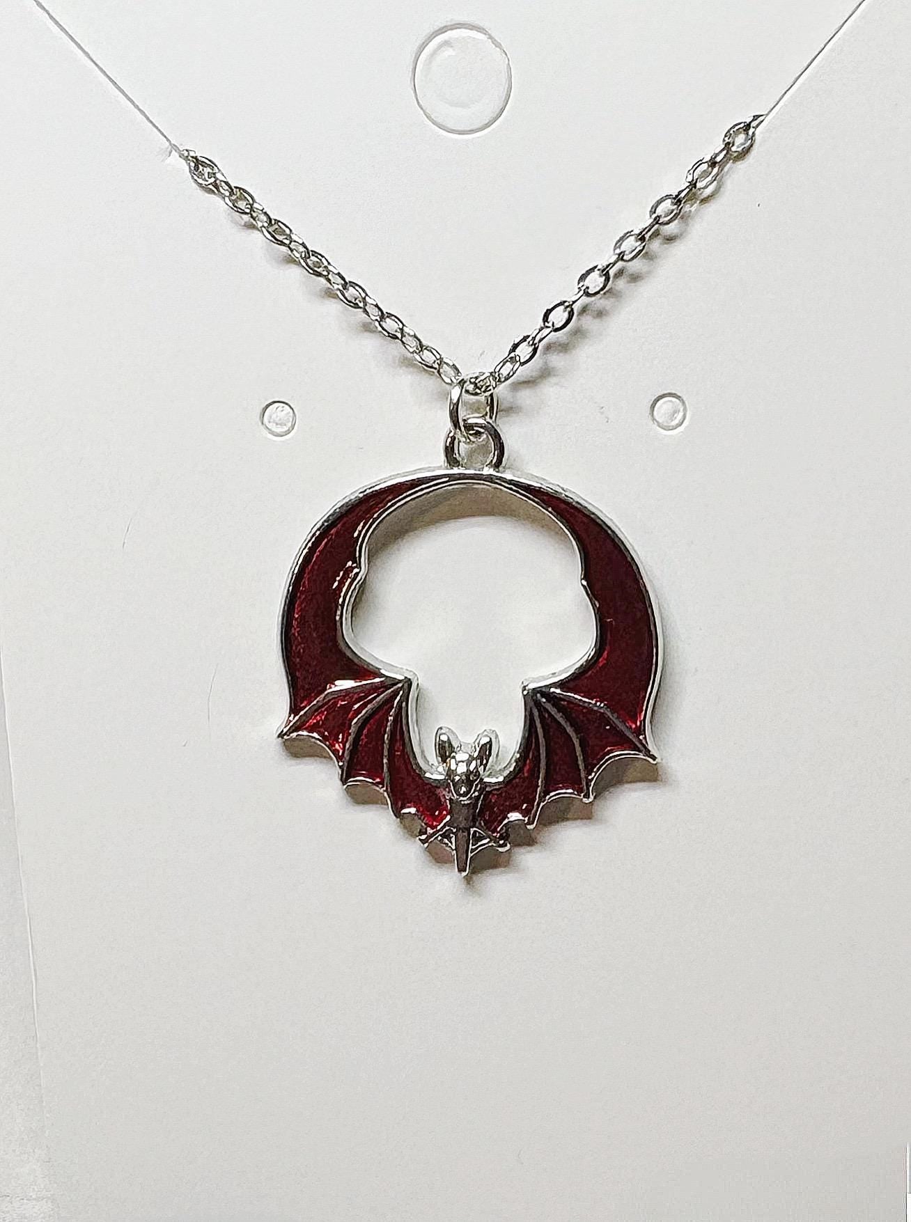 Metallic Vampire Goth Bat Necklace | Red