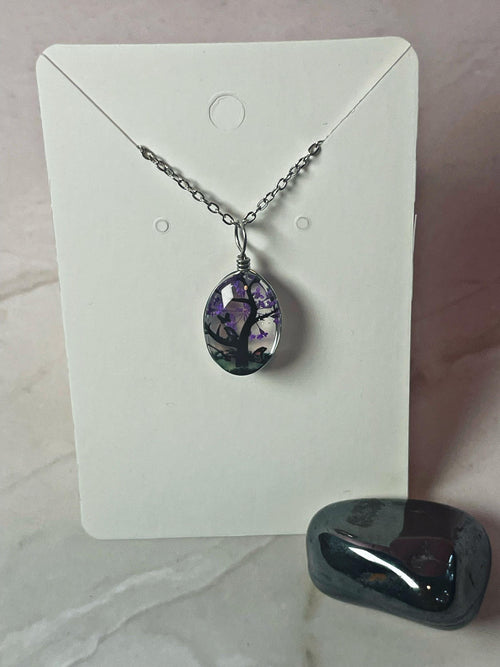 Blossom Tree Glass Pendant Necklace - Silver