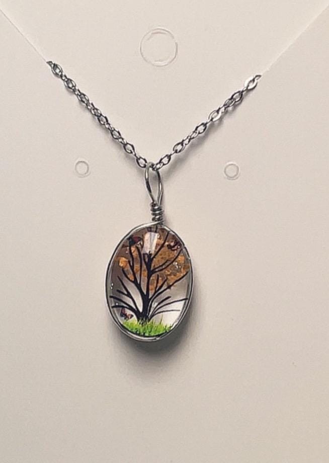 Orange Blossom Tree Glass Pendant Necklace - Silver