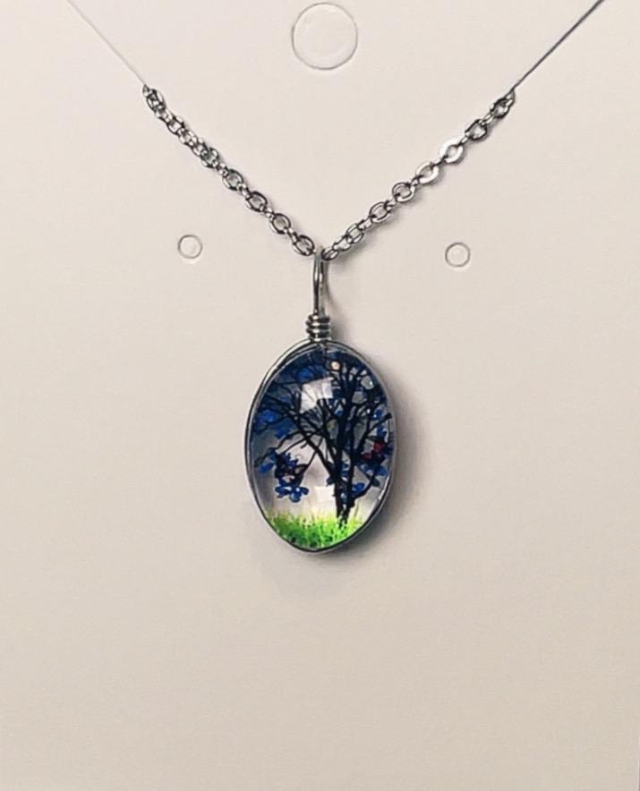 Blue Blossom Tree Glass Pendant Necklace - Silver