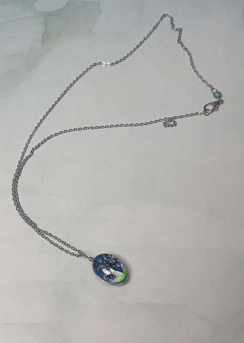 Blue Blossom Tree Glass Pendant Necklace - Silver