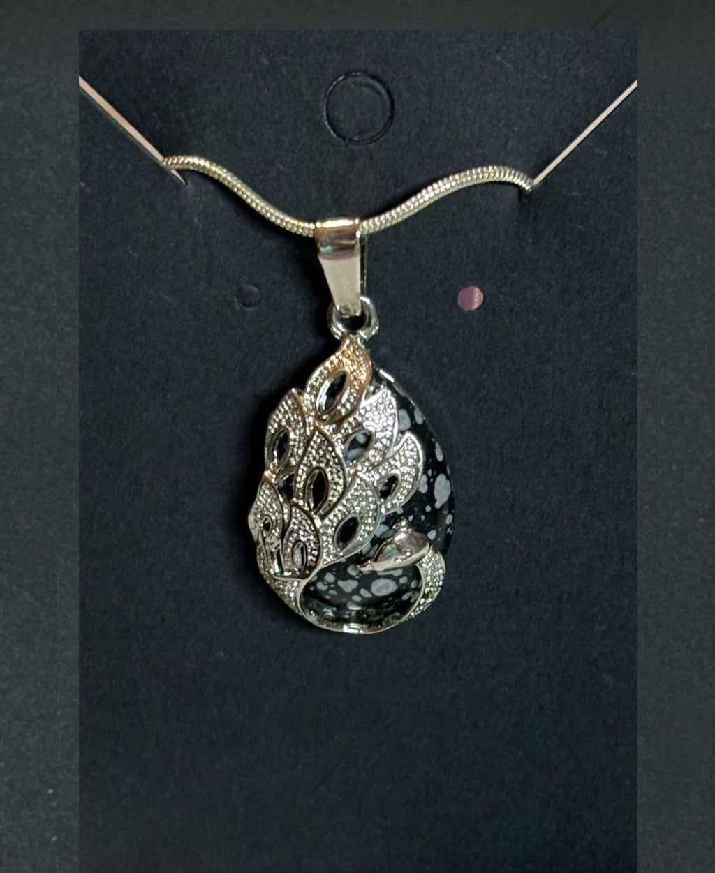 Snowflake Obsidian Peacock Pendant Necklace