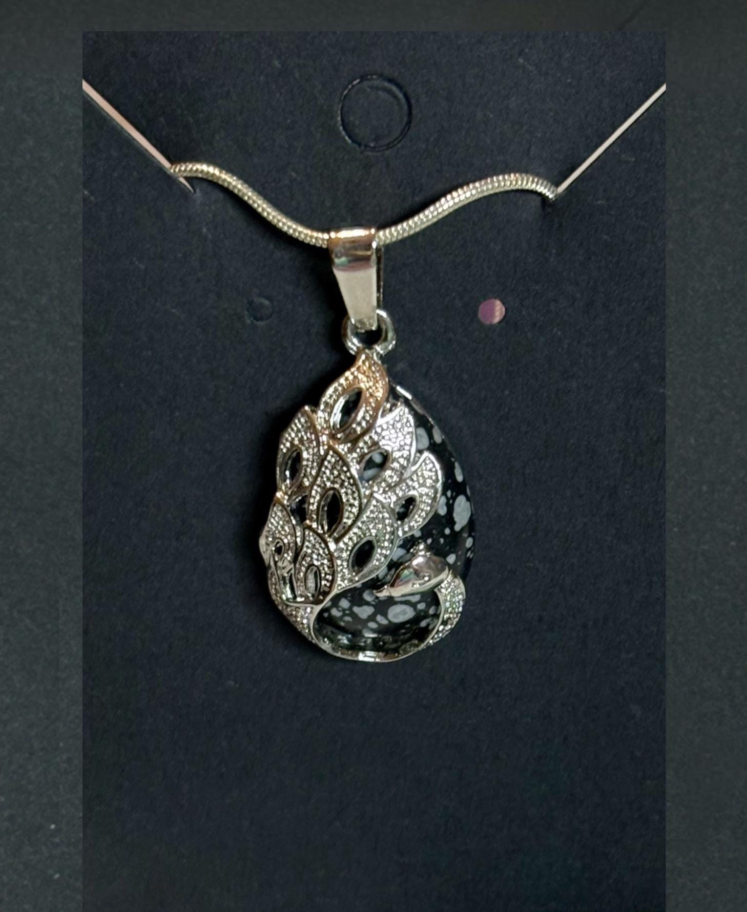 Snowflake Obsidian Peacock Pendant Necklace