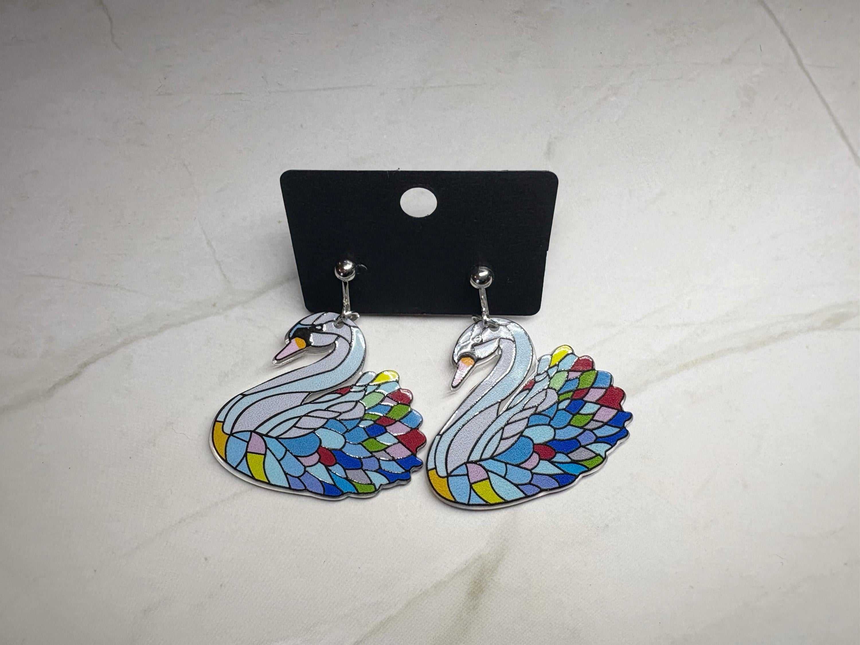 Clip On Faux Stained Glass Swan Earrings