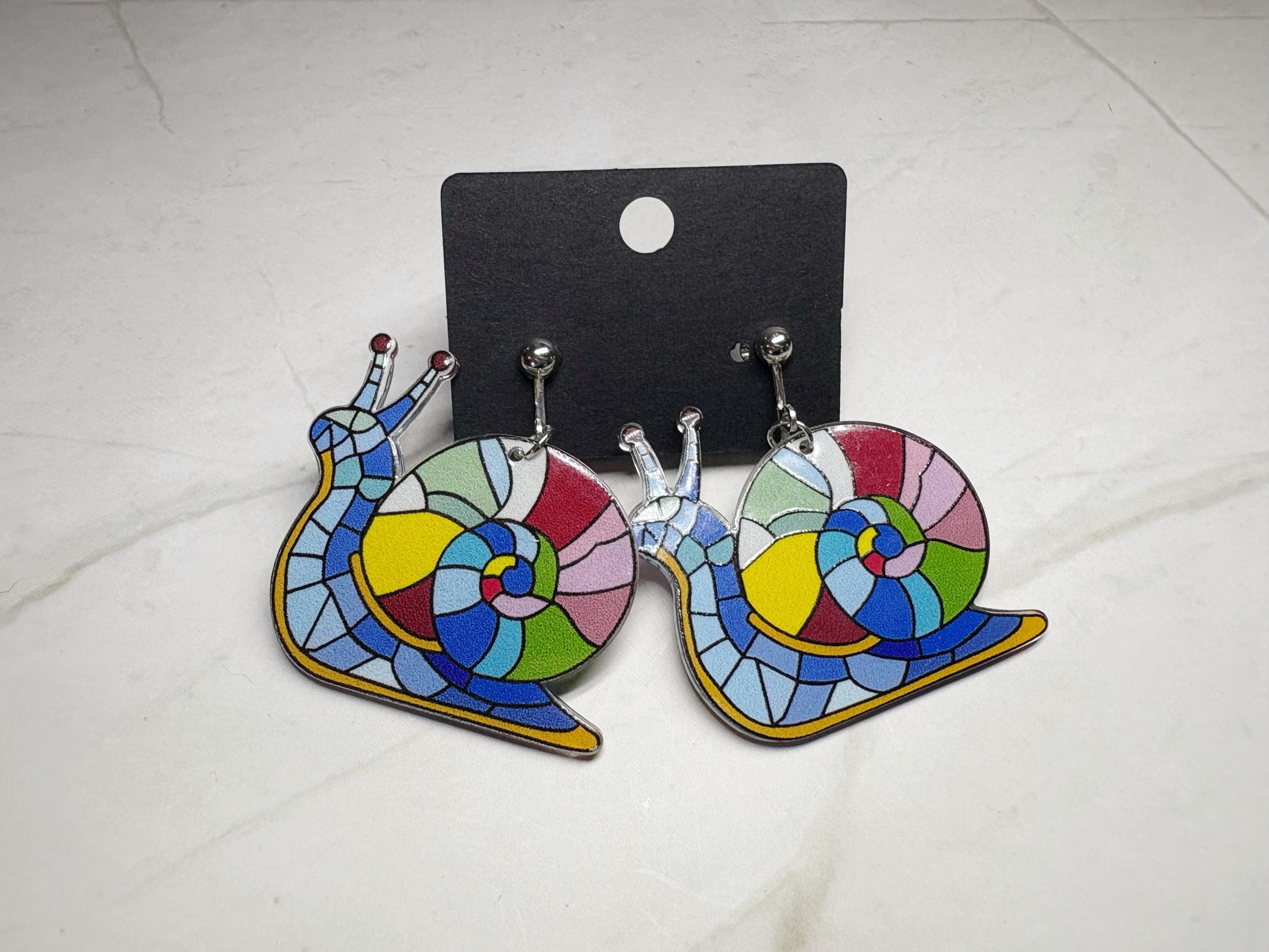Clip On Faux Stained Glass Snail Earrings