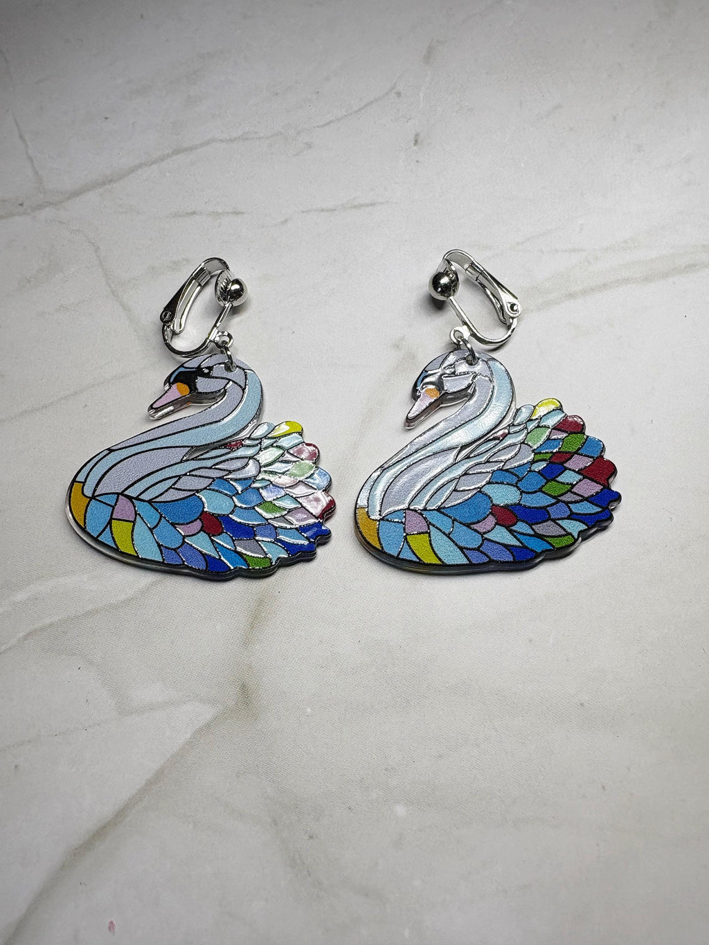 Clip On Faux Stained Glass Swan Earrings