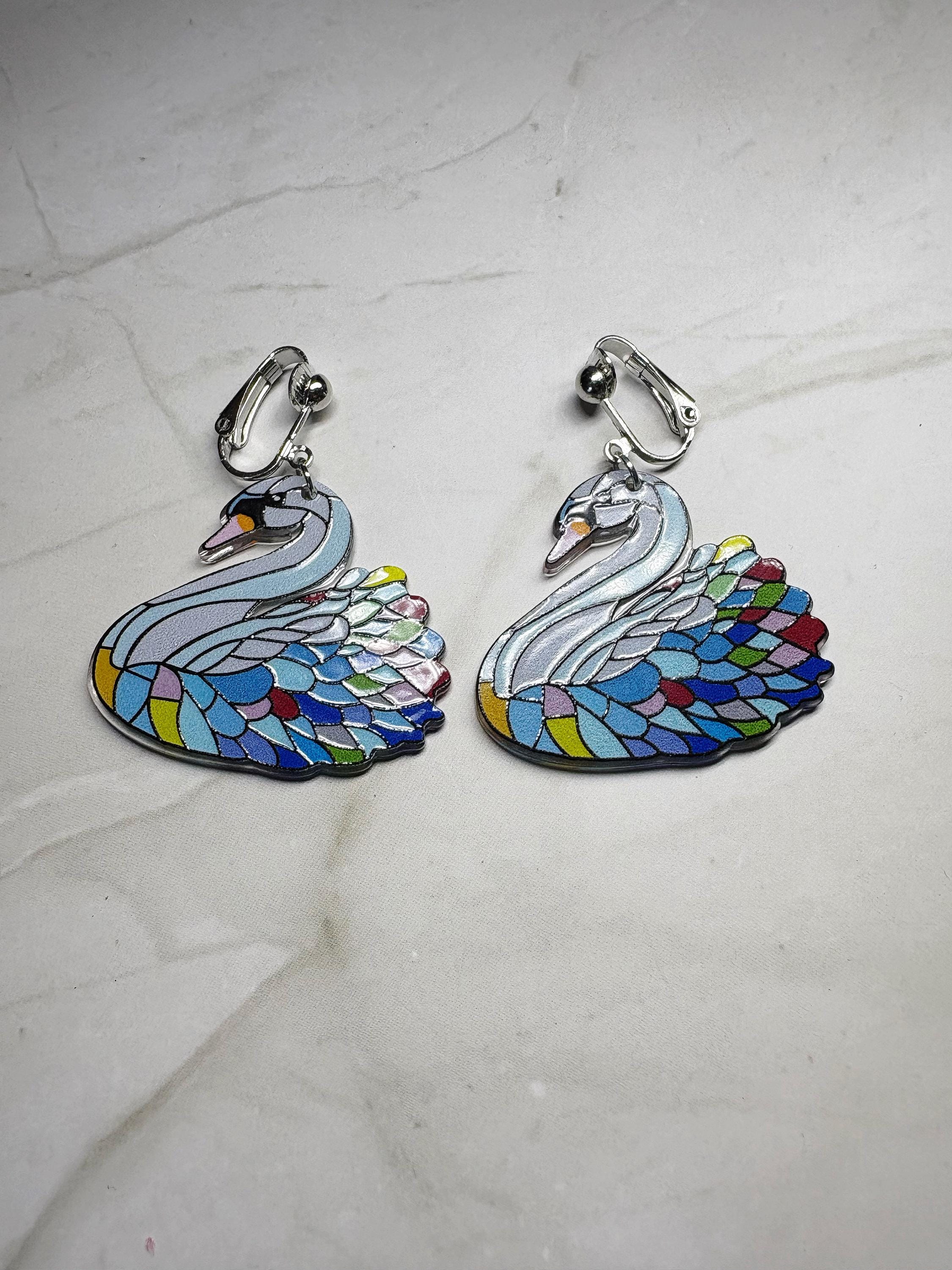 Clip On Faux Stained Glass Swan Earrings