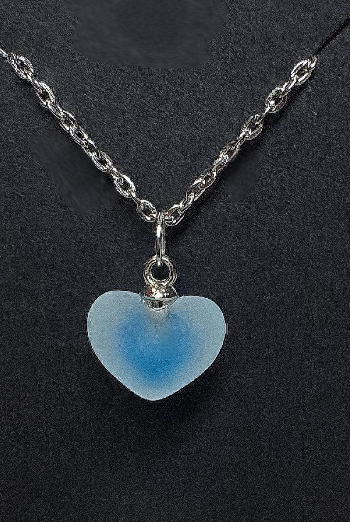 Faux Fogged Glass Heart Necklace | Blue