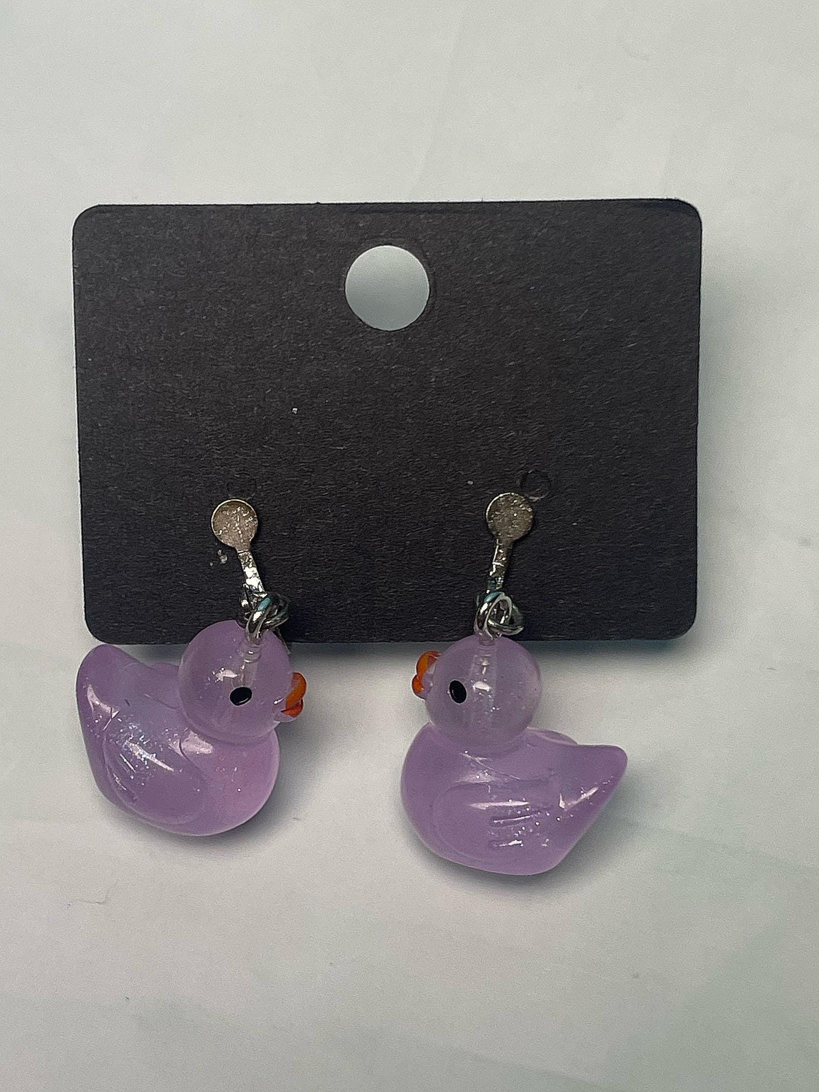 Purple Glittery Duck Clip On Earrings