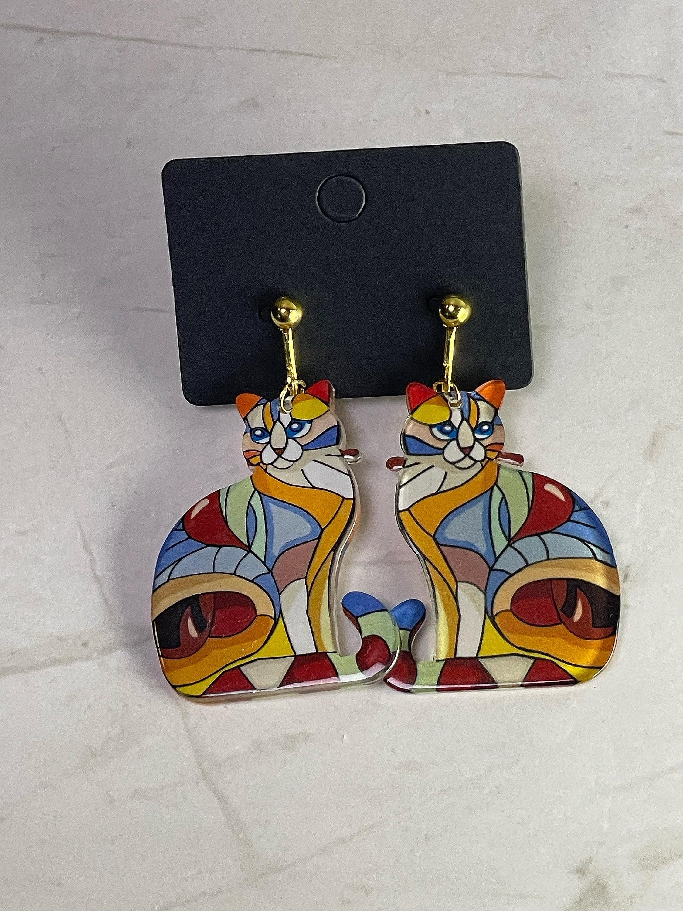 Faux Stained Glass Cat Earrings | Clip Ons