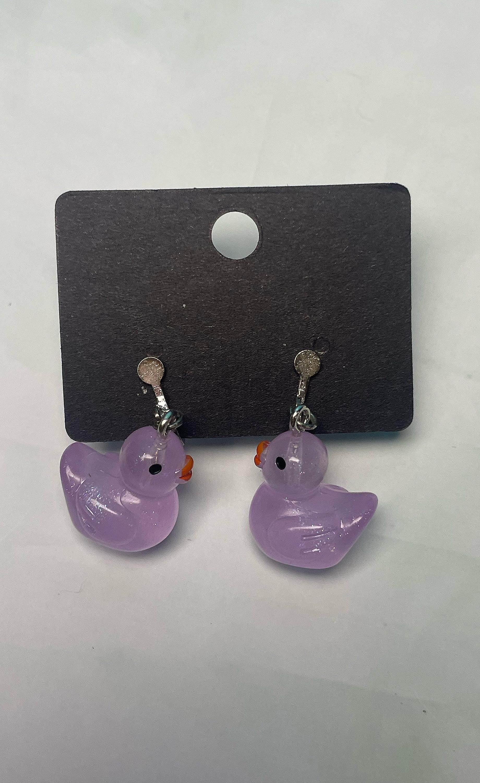 Purple Glittery Duck Clip On Earrings